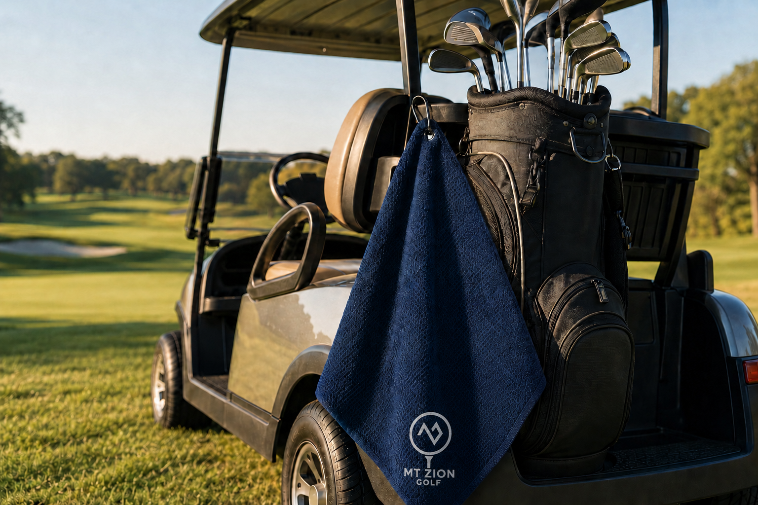 Mt. Zion Golf towel clipped to a golf cart