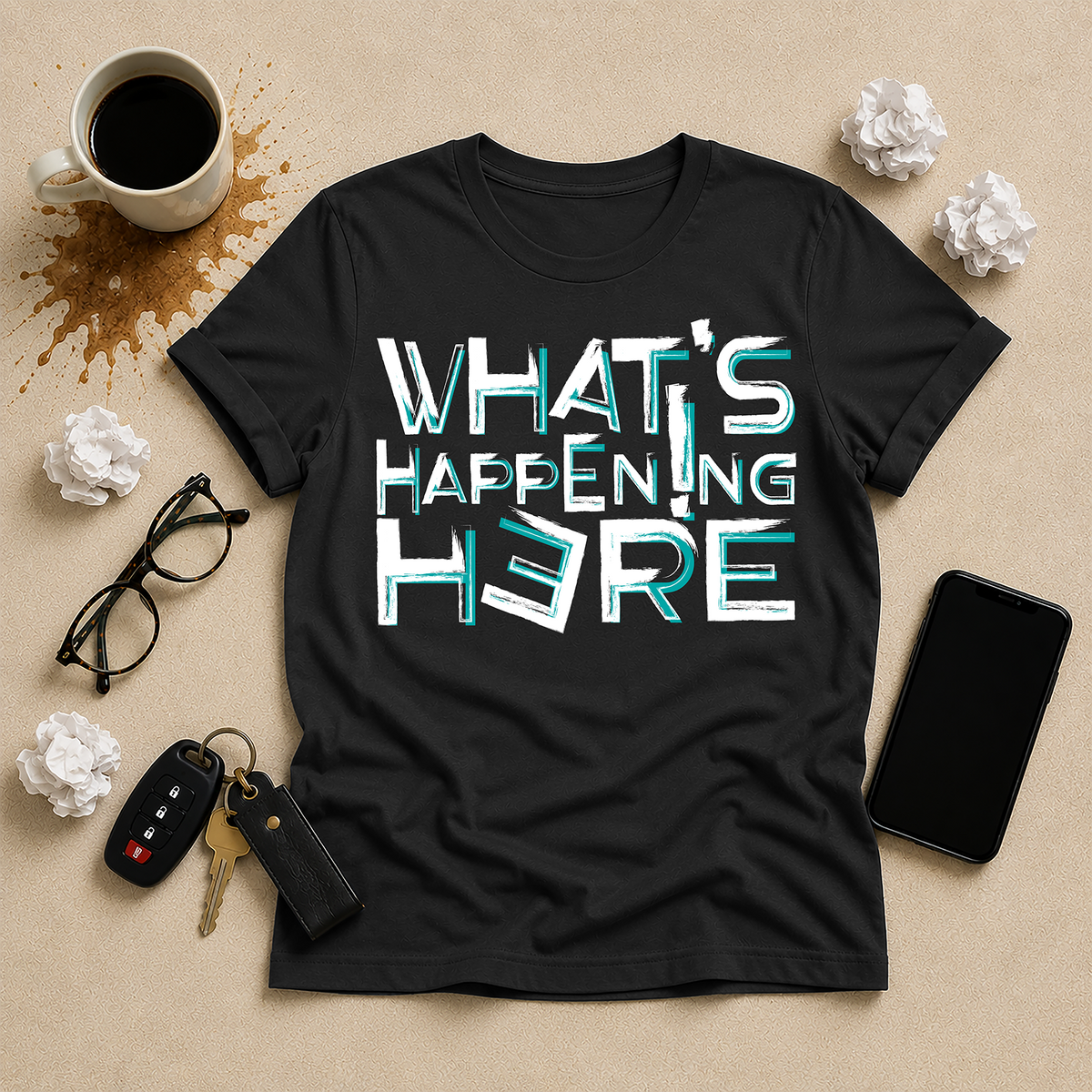 What's Happening Here flat-lay tee in Black