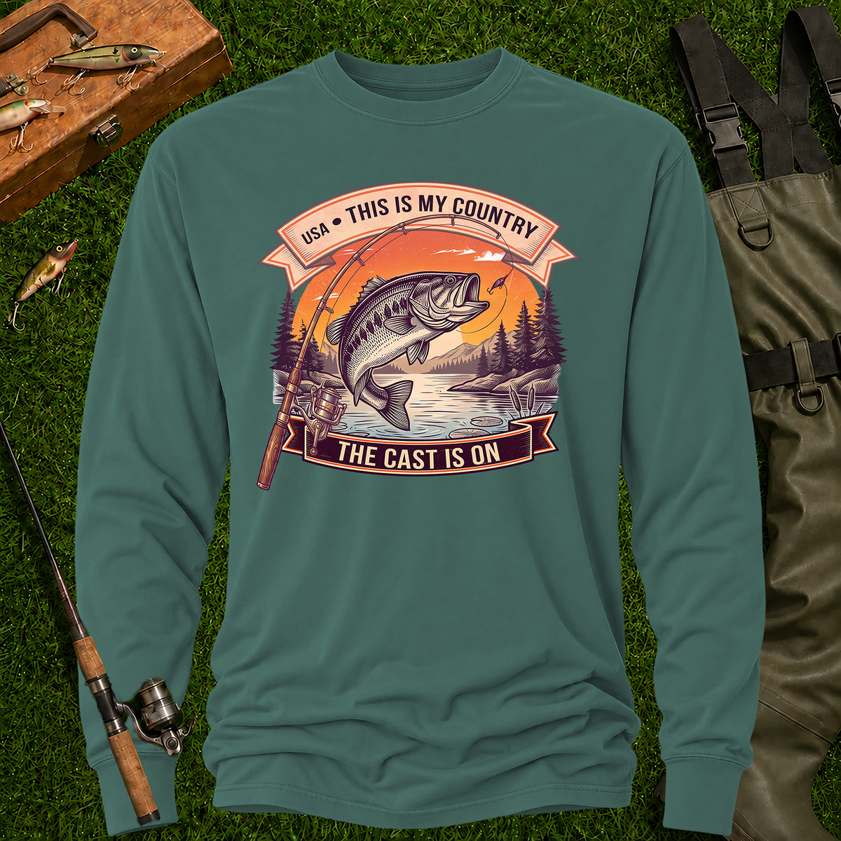 This Is My Country – The Cast Is On fishing long-sleeve tee in Blue Spruce