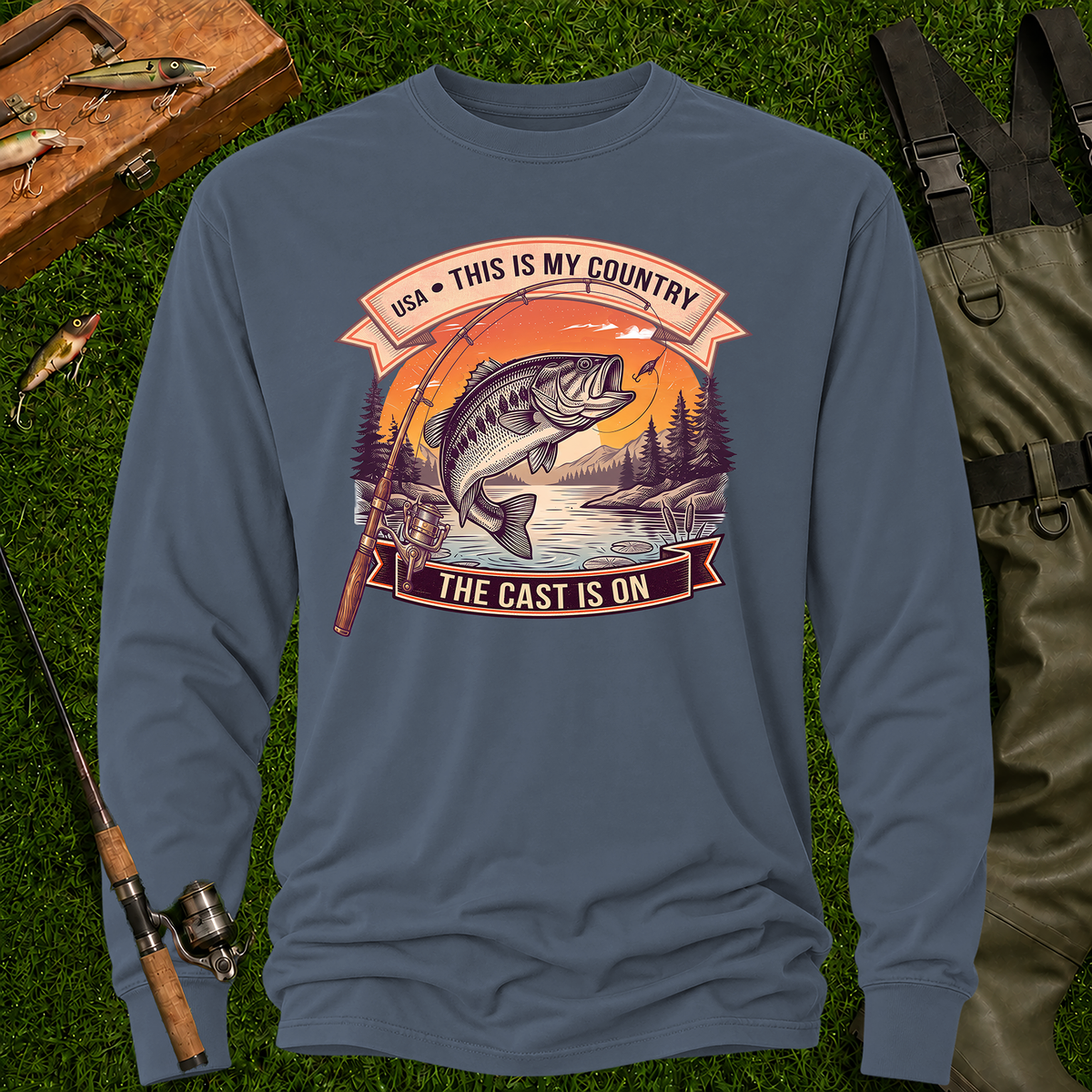 This Is My Country – The Cast Is On fishing long-sleeve tee in Blue Jean
