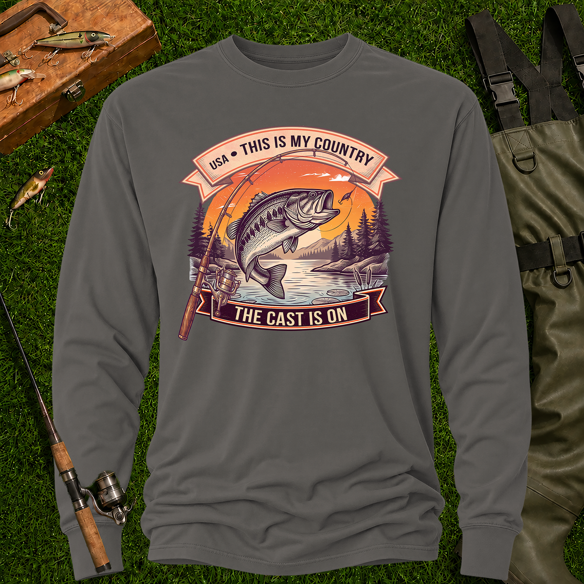 This Is My Country – The Cast Is On fishing long-sleeve tee in Pepper