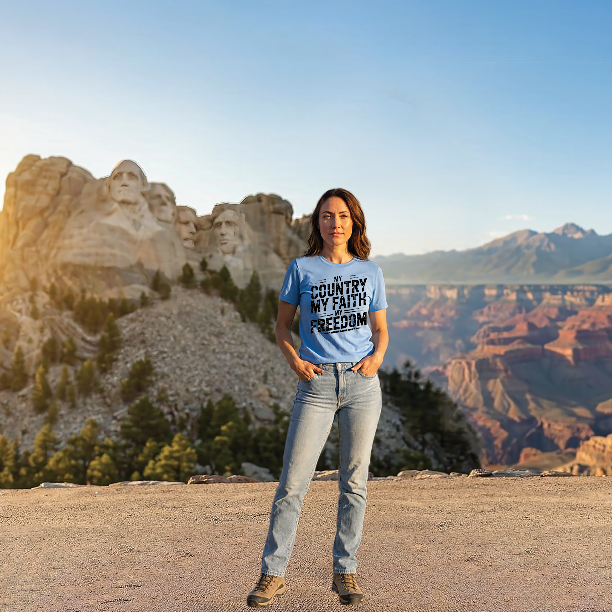 My Country My Faith My Freedom women's Bella+Canvas 6400 tee in Carolina Blue