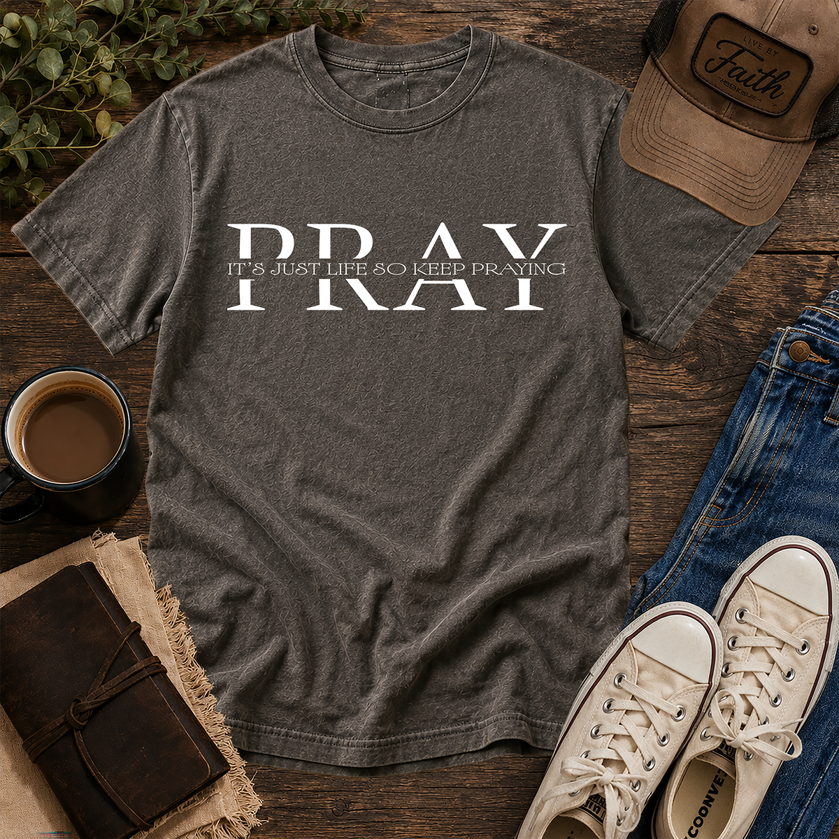 Pepper Comfort Colors tee with white It's Just Life So Pray graphic