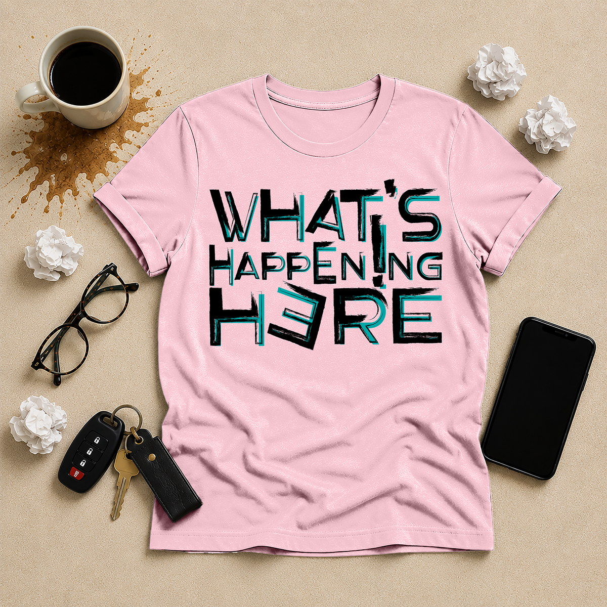 What's Happening Here flat-lay tee in Pink