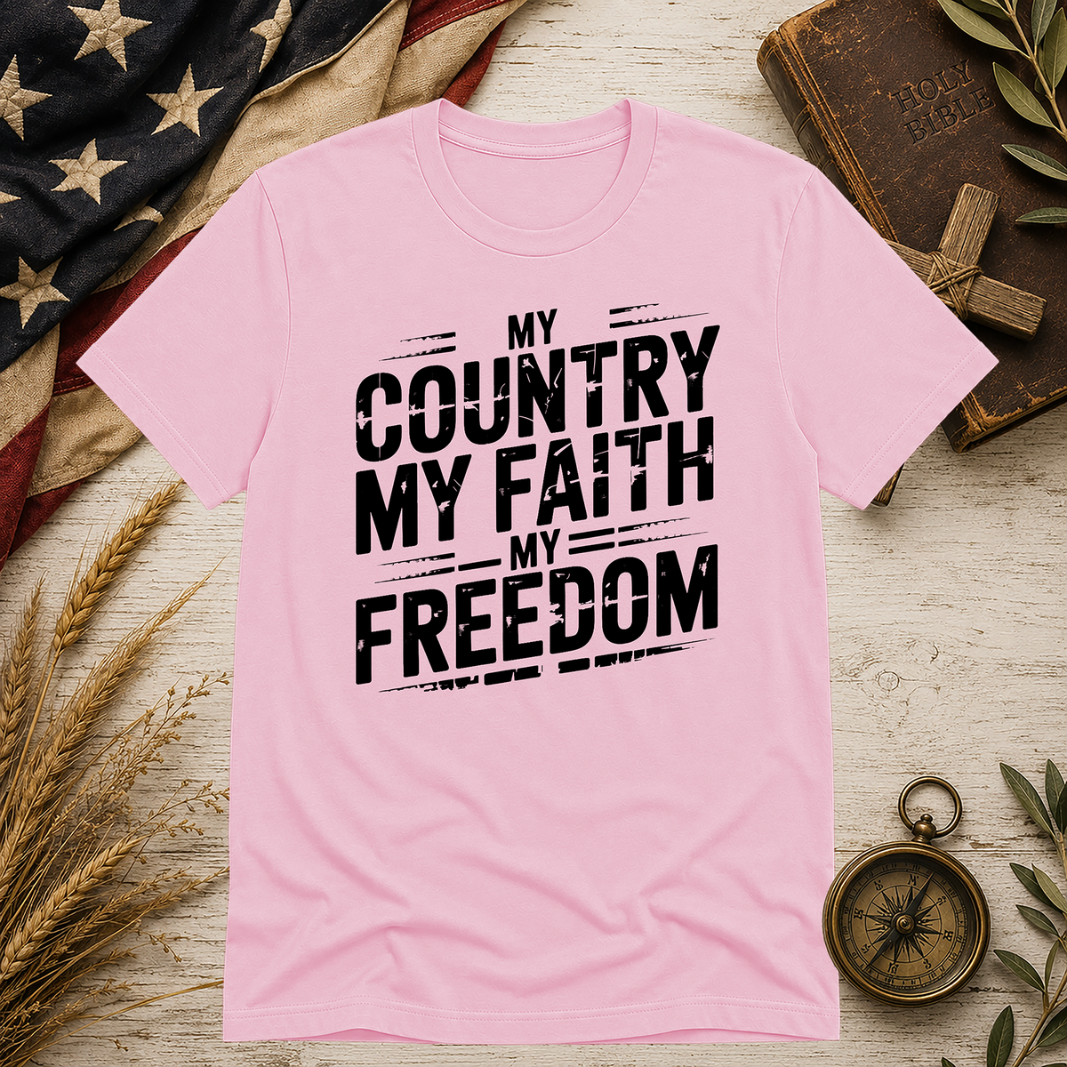 My Country. My Faith. My Freedom. Bella+Canvas 3001 tee in Pink