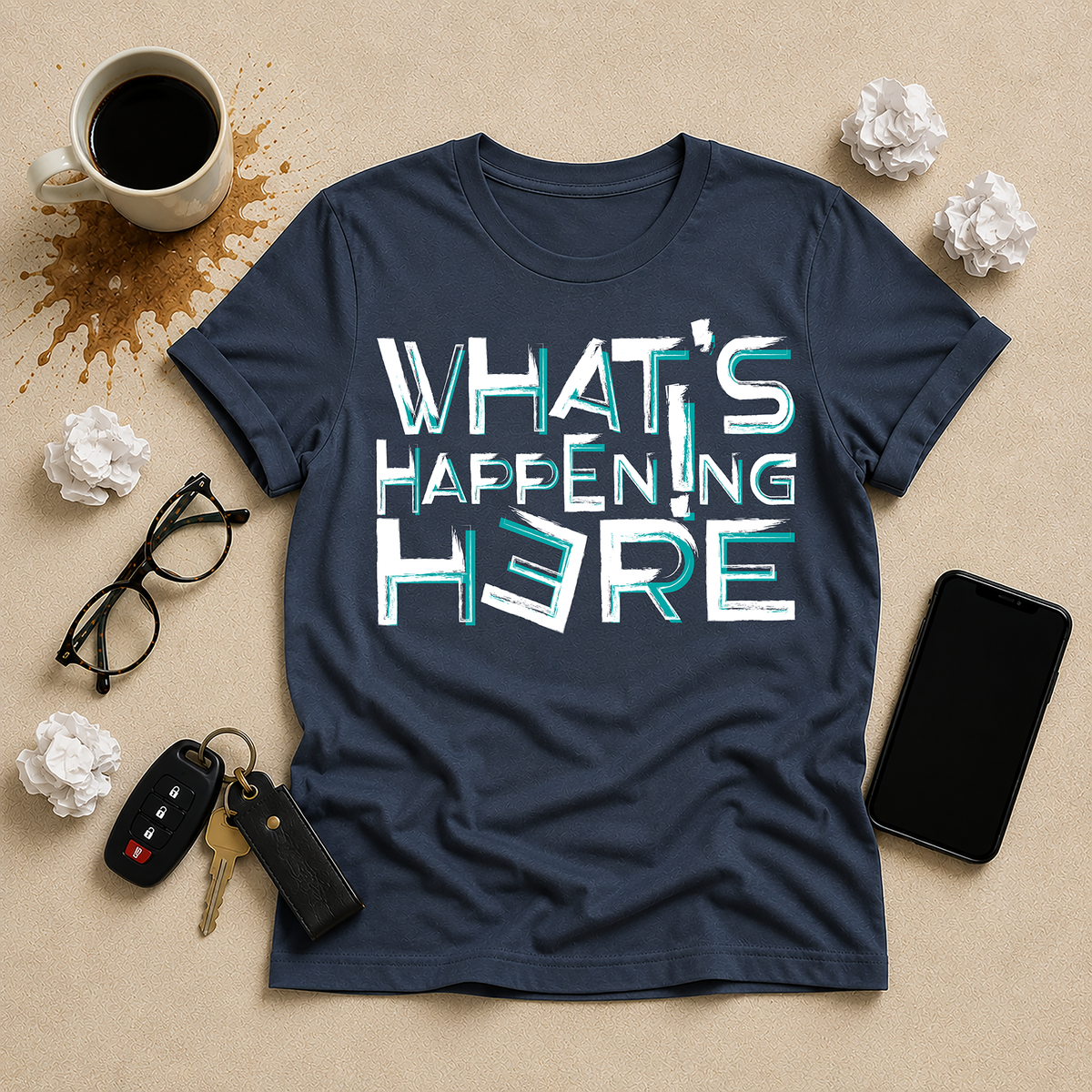 What's Happening Here flat-lay tee in Vintage Navy