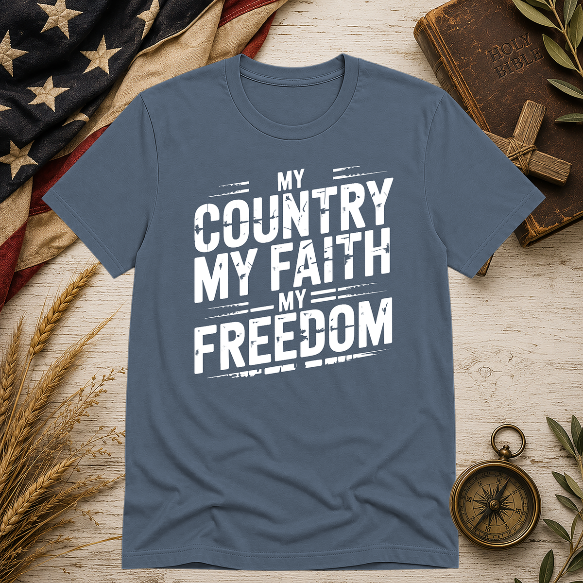 My Country. My Faith. My Freedom. Bella+Canvas 3001 tee in Vintage Navy
