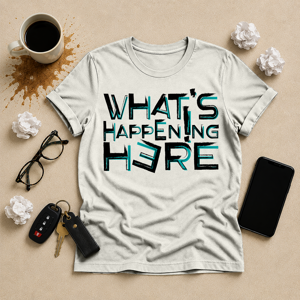 What's Happening Here flat-lay tee in Vintage White