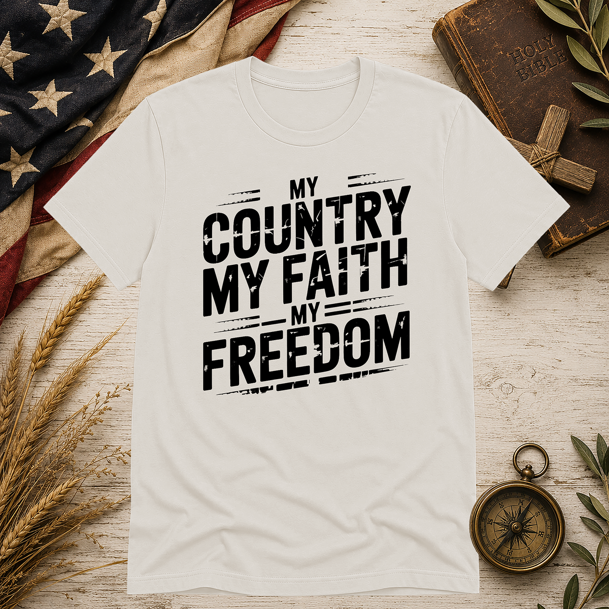 My Country. My Faith. My Freedom. Bella+Canvas 3001 tee in Vintage White