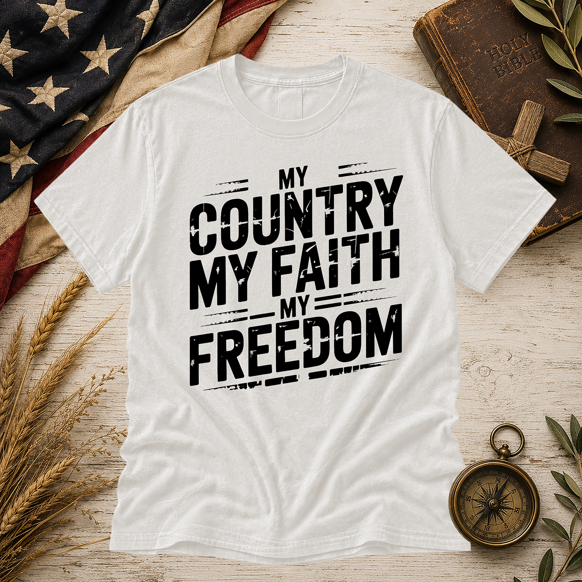 White My Country My Faith Comfort Colors tee