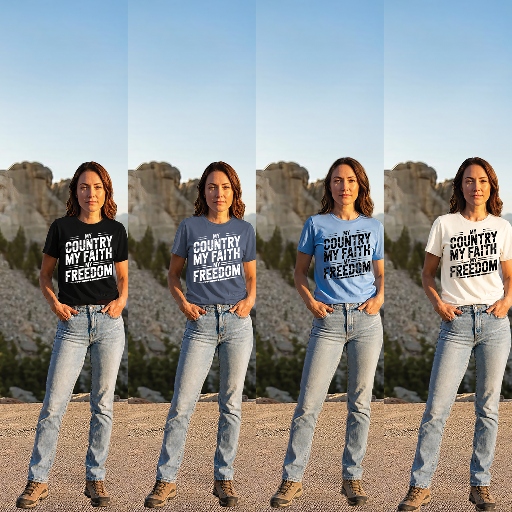 My Country My Faith My Freedom women's tees displayed horizontally in Black, Blue Storm, Carolina Blue, and Vintage White