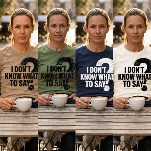 I Don't Know What to Say shirts displayed horizontally in Pebble, Leaf, Navy, and Soft Cream