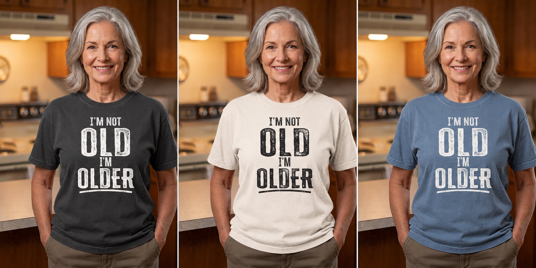 I'm Not OLD, I'm Older shirt in Pepper, Ivory, and Blue Jean