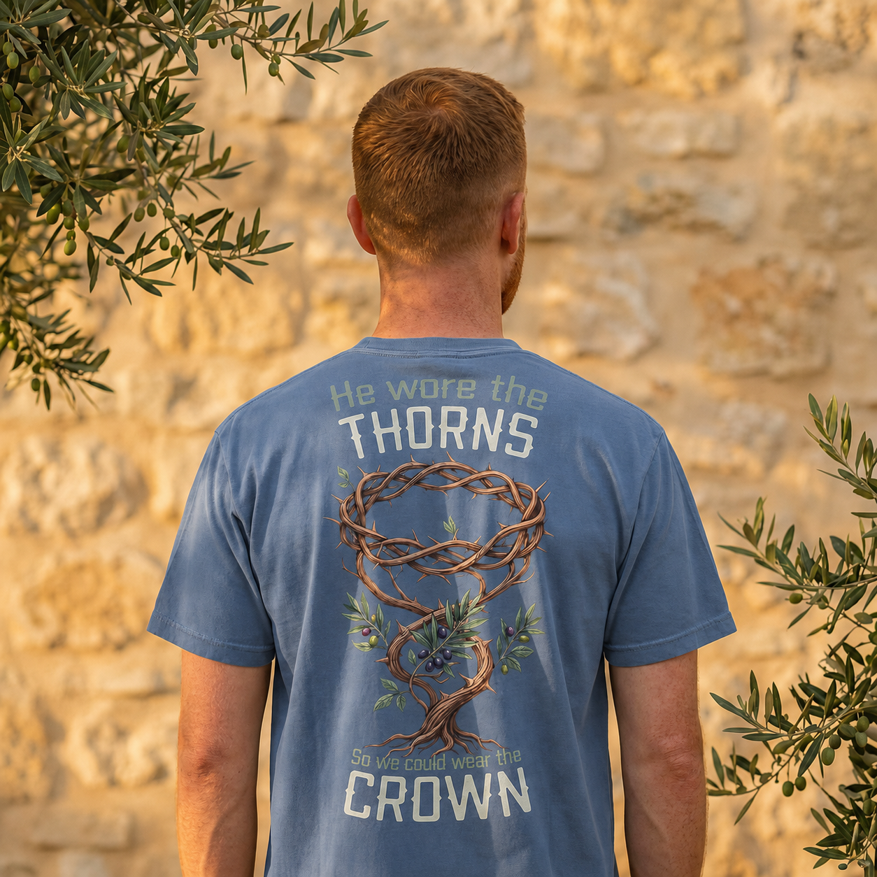 Men's Thornborne Blue Jean shirt back showing full He Wore the Thorns artwork