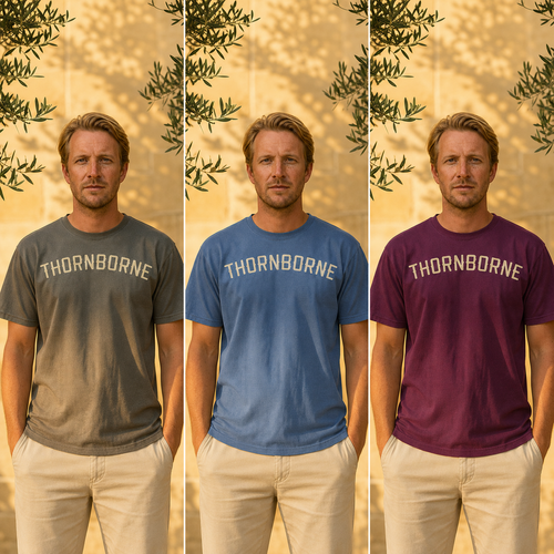 Men's Thornborne shirt shown in Pepper, Blue Jean, and Vineyard