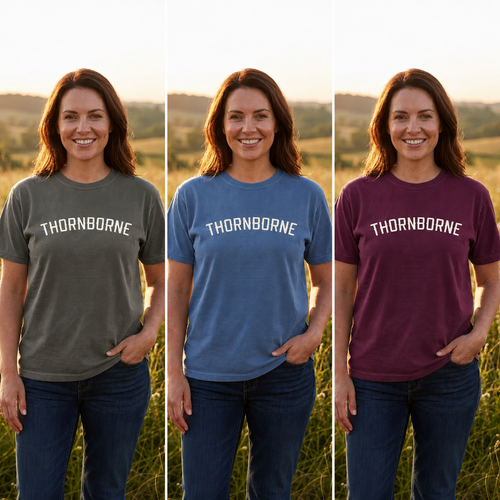 Women's Thornborne shirt shown in Pepper, Blue Jean, and Vineyard